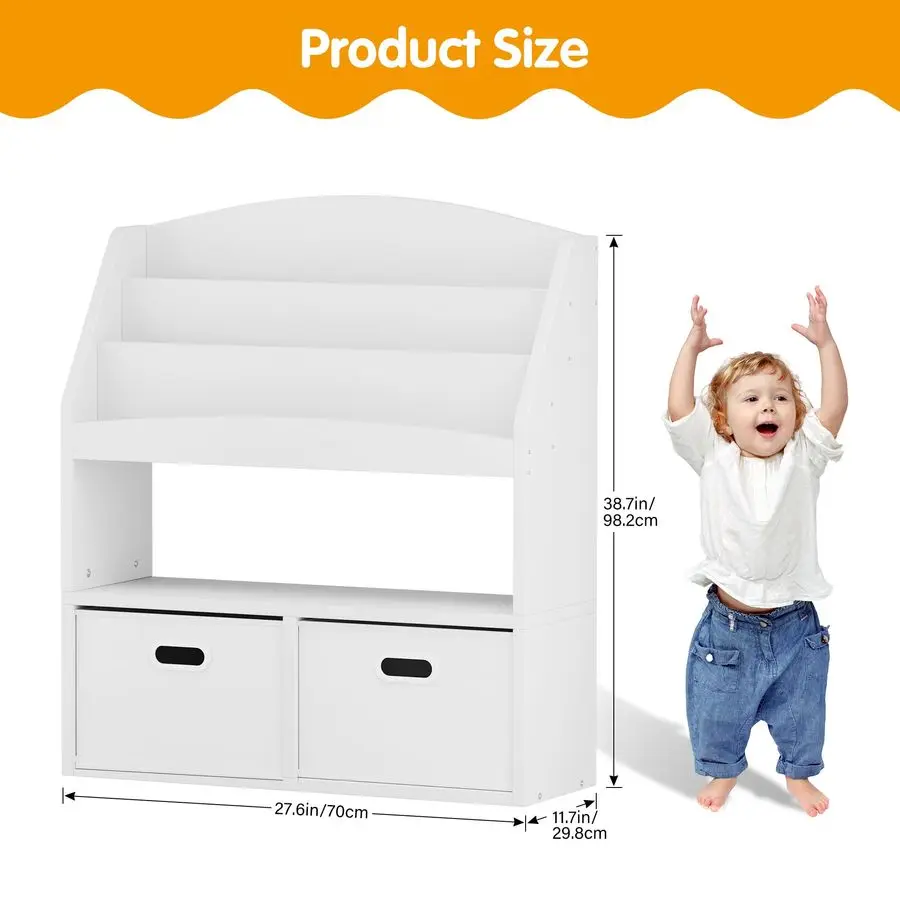 منظم تخزين ألعاب رف كتب للأطفال مع علبتين من القماش، رف كتب للأطفال من 3 طبقات، خزانة كتب للأطفال الصغار، غرفة الأطفال