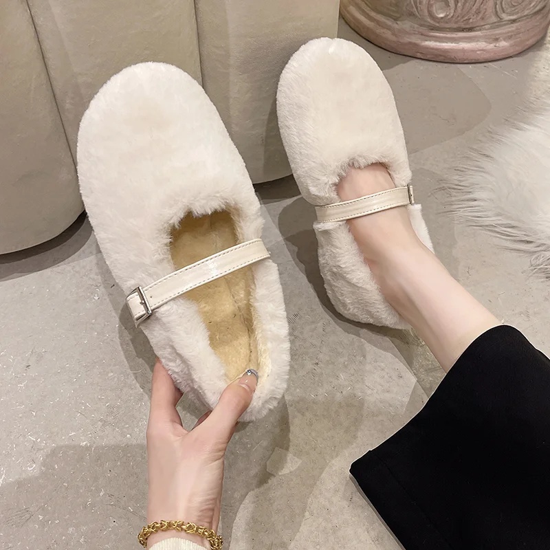 BKQU Retro Plush Winter Wear New Fashion All-match One-word Buckle Non-slip Soft Bottom Shallow Mouth Comfortable Cotton Shoes