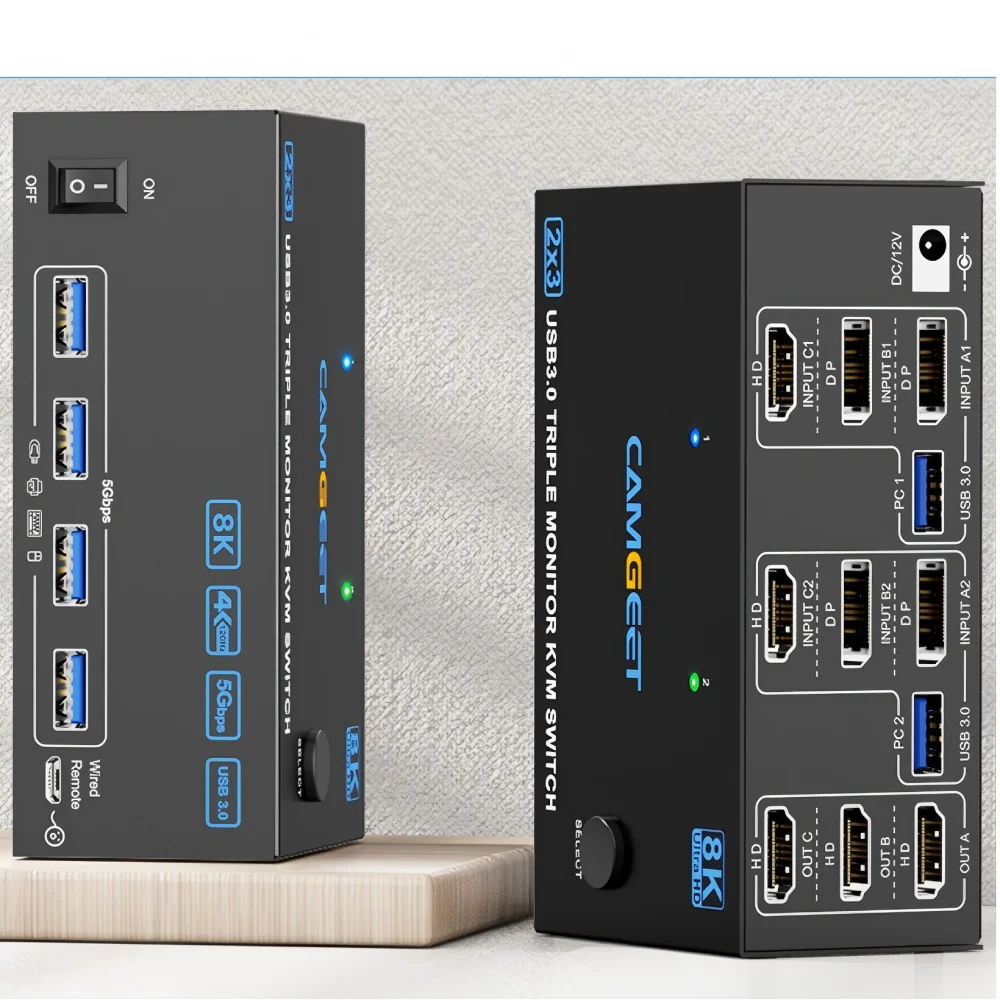 KVM Switch 3 Monitors 2 Computers 8K@60Hz 4K@144Hz,2 Displayport+HDMI USB3.0 KVM Triple Monitor with 4 USB 3.0 Port for Keyboard