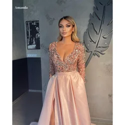 Amanda Glitter Heart Shaped Neck Satin Prom Dress Side Split  فساتين مناسبة حسب الطلب  A-line Floor-length vestidos de festa