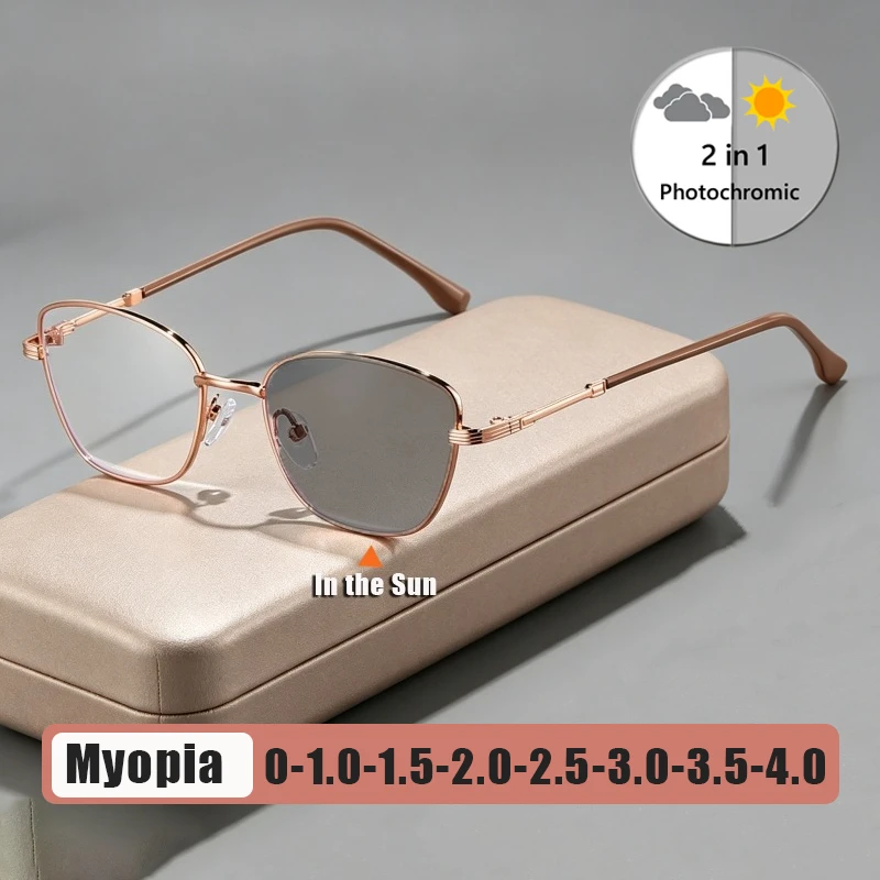 

Photochromic Fashionable Cat-Eye Myopia Glasses Luxury Metal Frame Blue Light Blocking Ladies Stylish Eyewear Diopter 0 To -4.0
