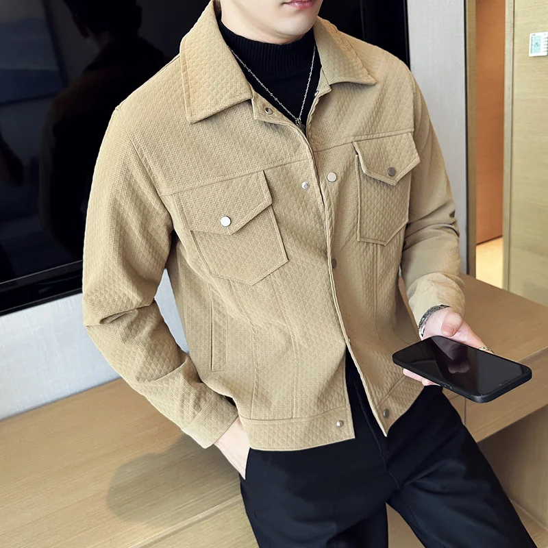 Men's Jacket Bump Design Waffles Lapel Jacket Coat Khaki College Short Jackets Streetwear Man Clothing Trendy Spring Outwear