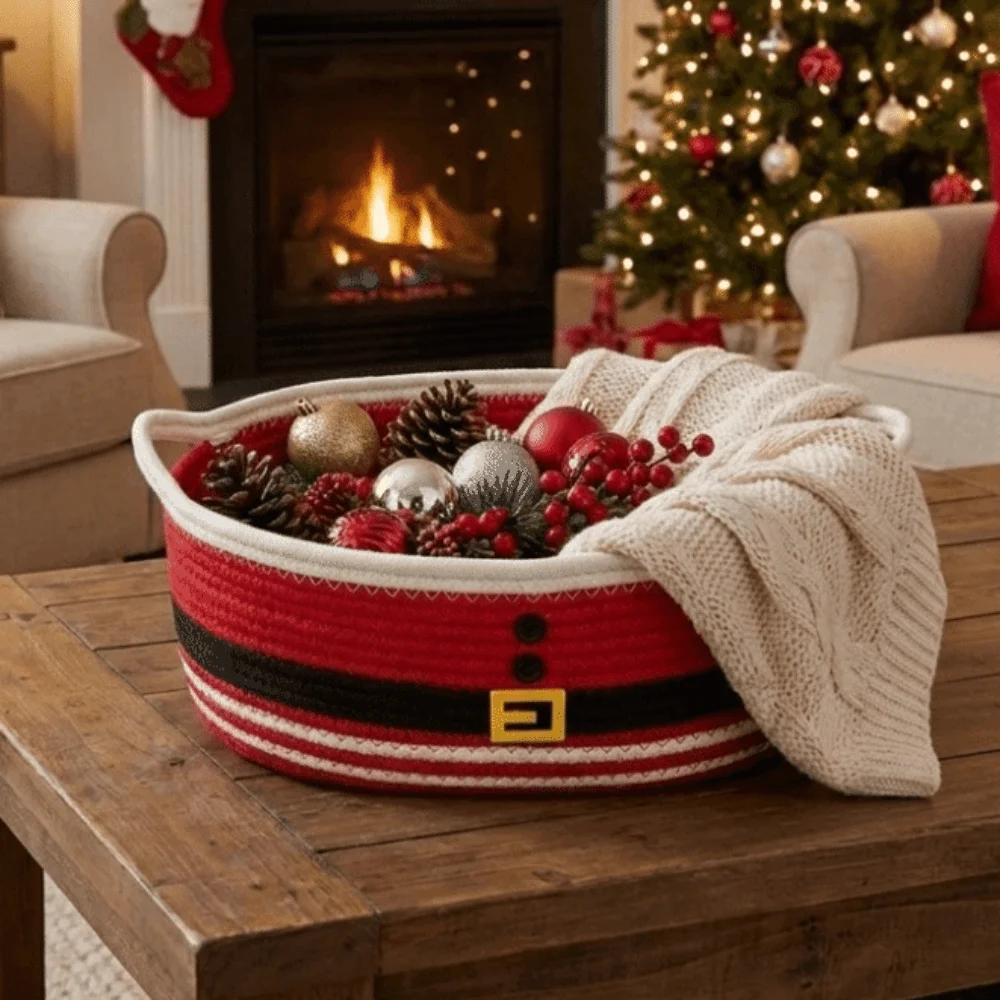 Cotton Rope Christmas Woven Storage Basket Santa Claus Braided Christmas Gift Basket Ribbon Trim Decorative Storage Bin