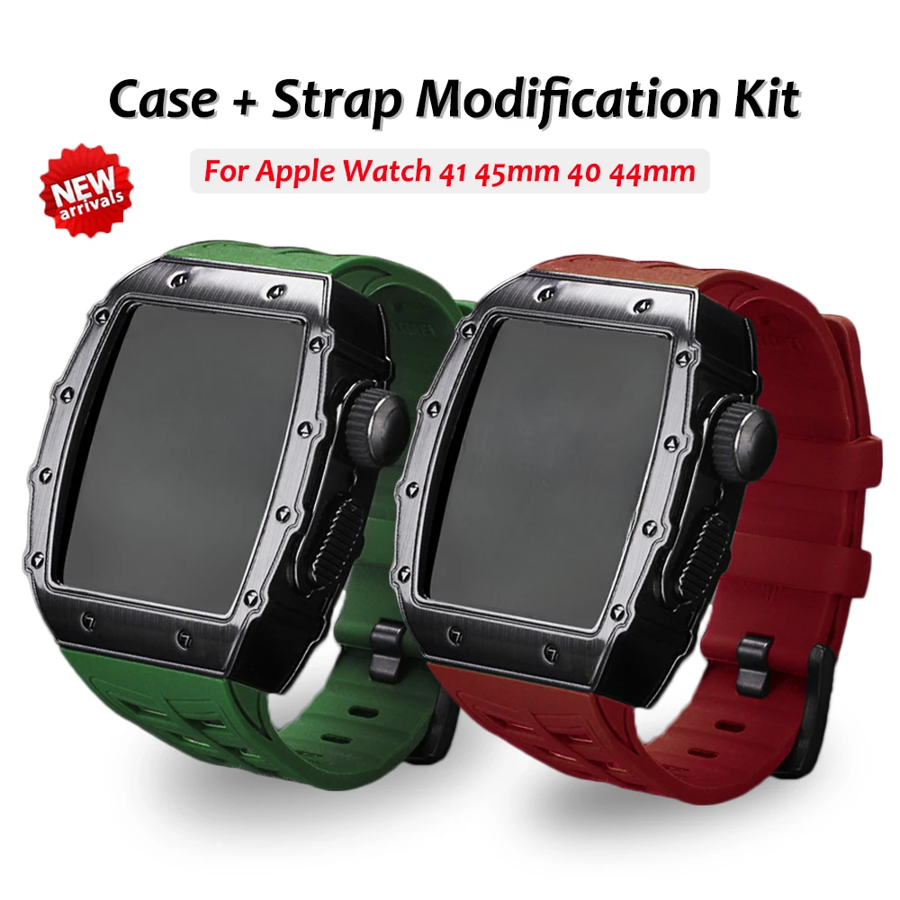 

Modification Kit Case Strap for Apple Watch 9 8 7 45mm Stainless Steel Cover for iWatch Series 9 654 SE 44 Silicone Rubber Band