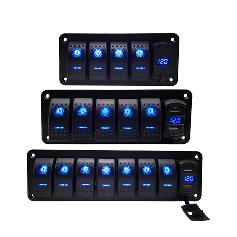 Car LED Rocker Switch Panel With Digital Voltmeter Dual USB Port 12V Outlet Dual USB Charging Switch Panel For Car Marine Boat