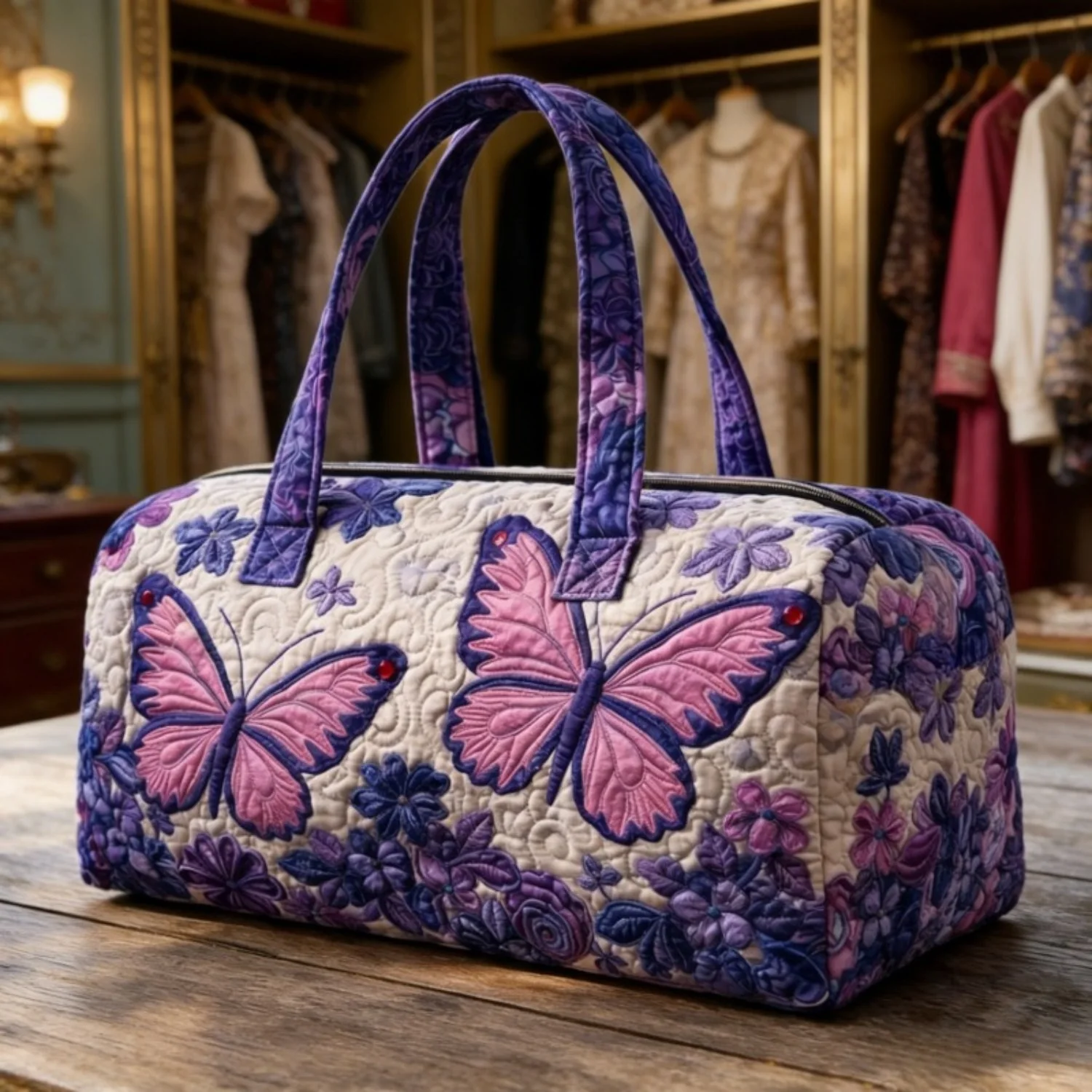 

3D Purple Butterfly Handbag Quilting Craft Camping Trailer Quilted Duffle Bag Unisex Casual Daypack Women Weekender Travel Bags