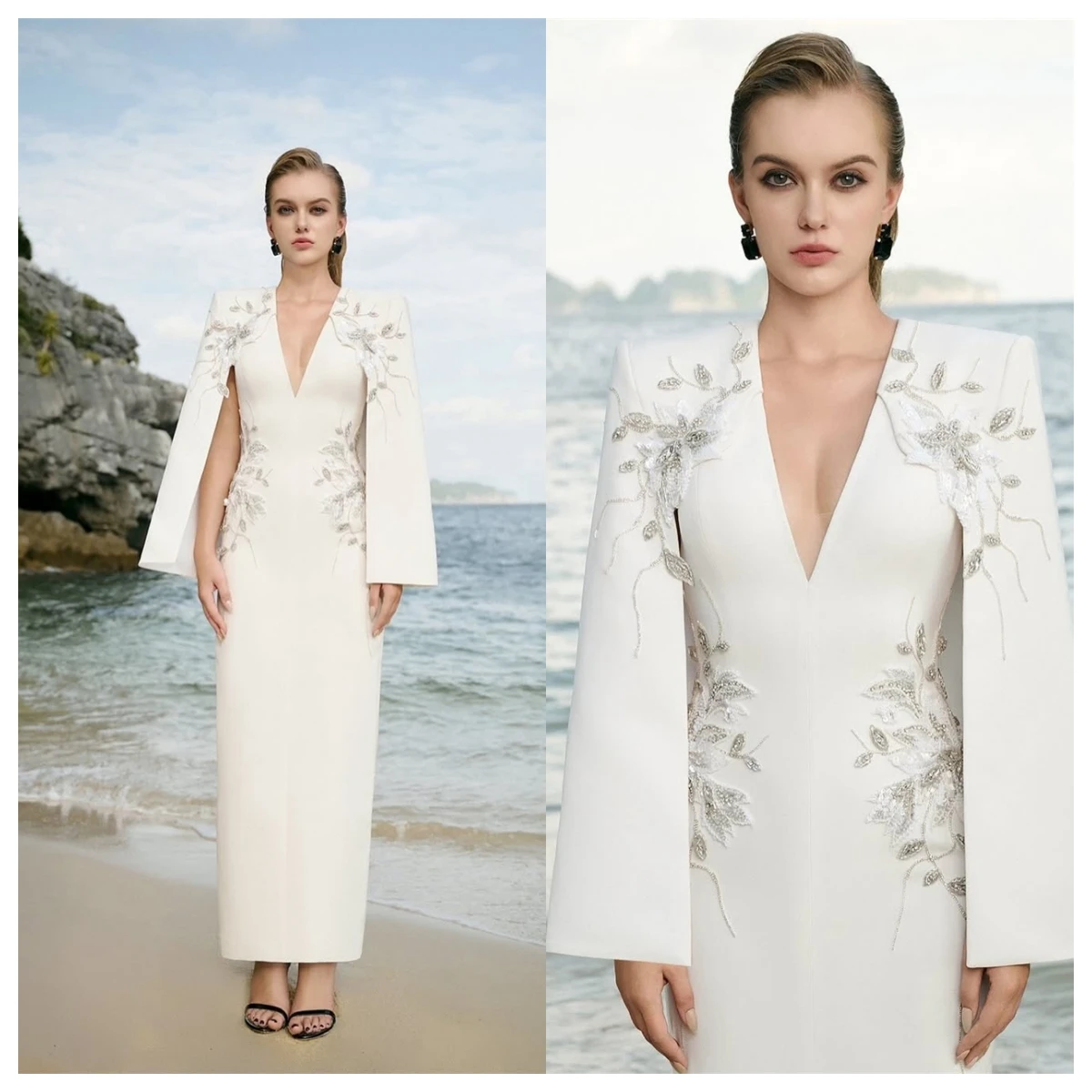 맞춤형 절묘한 화이트 저지 이브닝 드레스 v 넥 3/4 슬리브 연예인 가운 맞춤형 행사 가운 아플리케 고품질