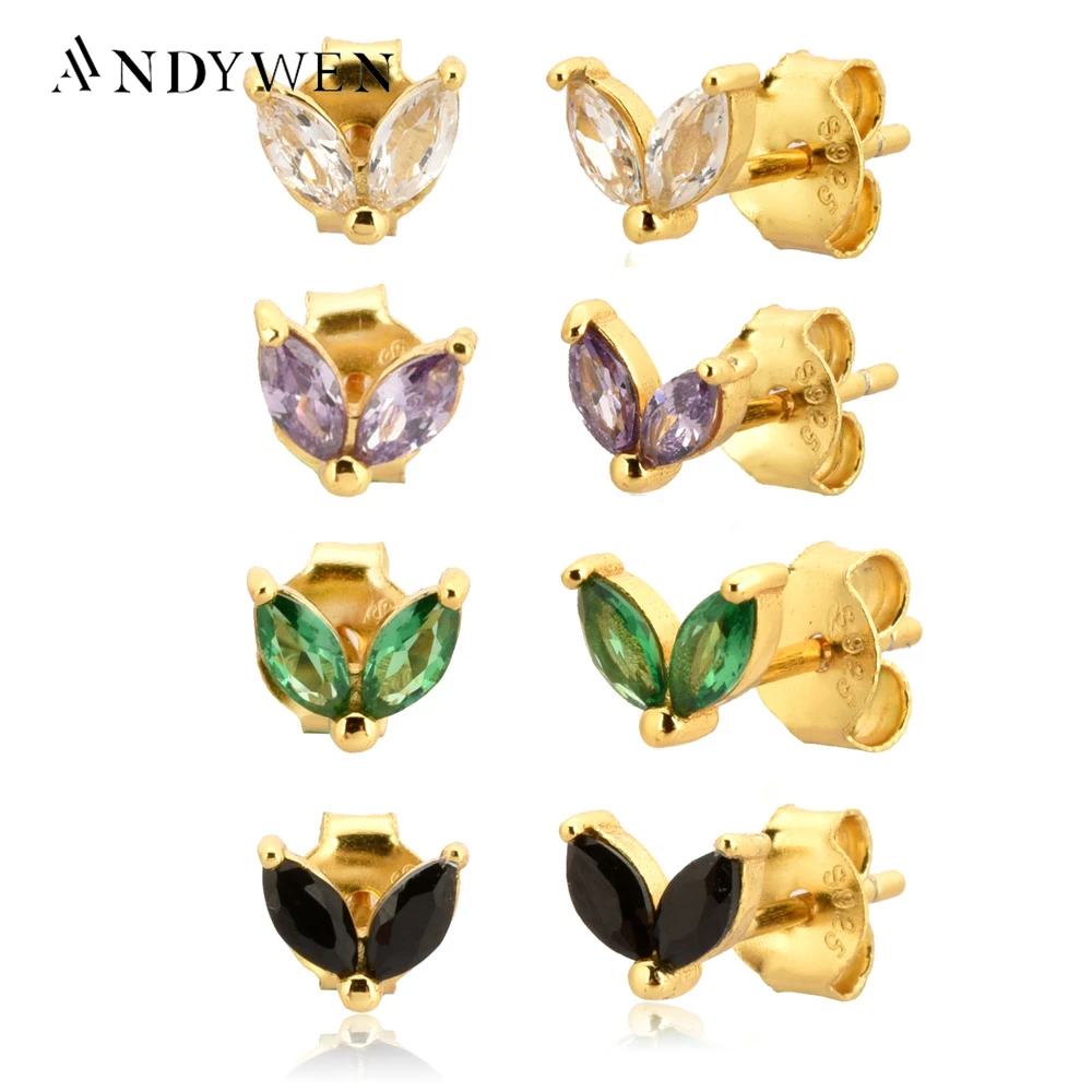 ANDYWEN 925 Sterling Silver Gold Rainbow Colorful Purple Green Stud Earring Piercing Ohrringe Luxury CZ Fashion Fine Jewels