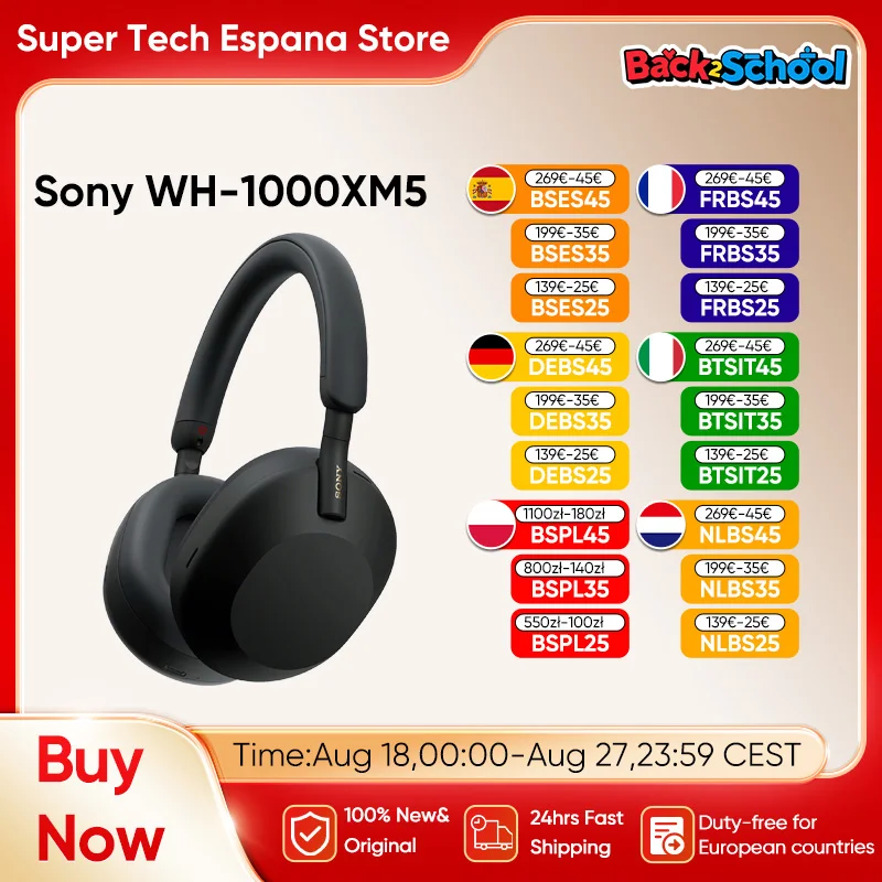 Cuffie con cancellazione del rumore Wireless Sony WH-1000XM5 batteria da 30 ore processore integrato in pelle Soft Fit V1 4 microfoni neri