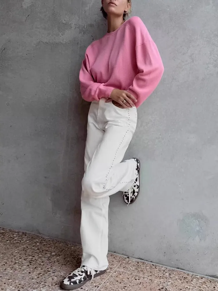 

Лето 2023, женские повседневные прямые джинсы с высокой талией, широкие брюки с украшением из заклепки, свободные длинные брюки