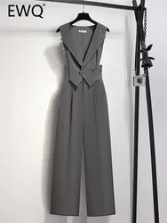 EWQ Elegant Style Chic Jumpsuit Women Solid Color Sleeveless Notched Irregular Patchwork Jumpsuits Winter Spring 2024 New SN5373