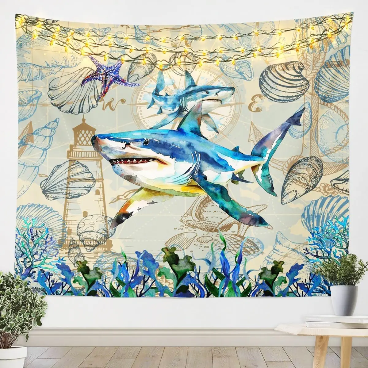 Shark Tapestry Wall Hanging Under Sea Animals Themed Tapestry for Kids Shells and Corals Wall Tapestry Watercolor Blue
