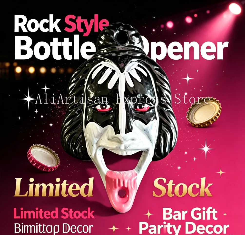 Novelty Wall‑Mounted Beer Bottle Opener Retro Rock Mask Figure Cast Iron Opener Unique Home Bar Man Cave Wall Ornament Gift