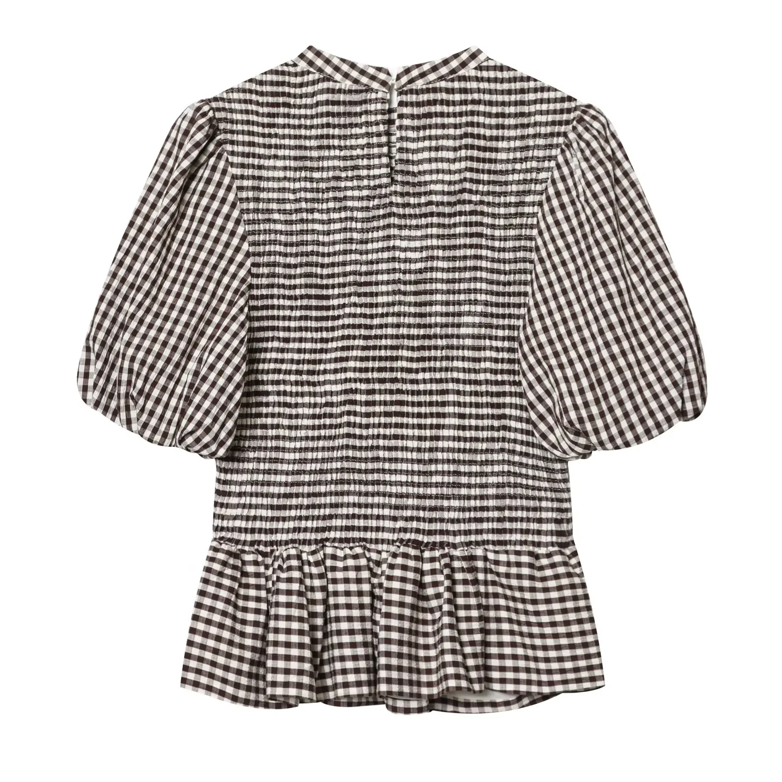 HH Vintage Damen Bluse mit Rüschensaum, elegantes Party-Shirt, modische Strand-Urlaubsbluse, kurze Puffärmel, lässige Sommer-Karo-Bluse, schmal geschnitten – Detail 3