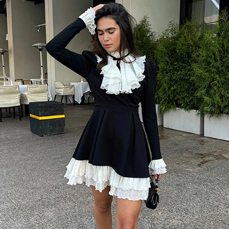 

Tornova Elegant Lace Ruffled Dress Female Lace Up Chic Black Velvet Dress Contrast Long Sleeve Short Dresses High Waist Woman