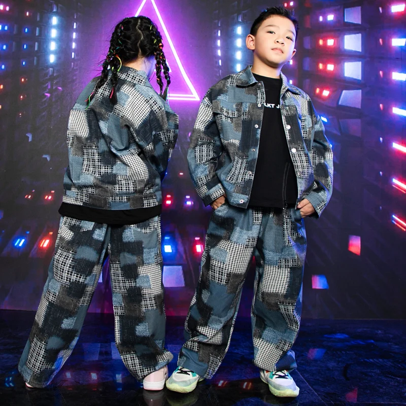 2022 Fashion Kids Street Wear Hip Hop Dance Costume Girls Jazz Performance Clothing Boys Drum Concert Outfit Denim Suit BL9645