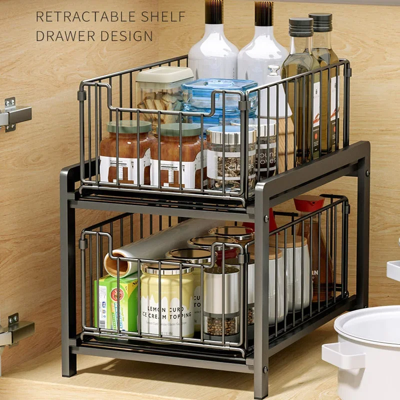 Under Sink Shelf Cabinet Organizer  2-Layer Removable Pull-Out Kitchen Under Sink Organizer Storage Rack with Drawers