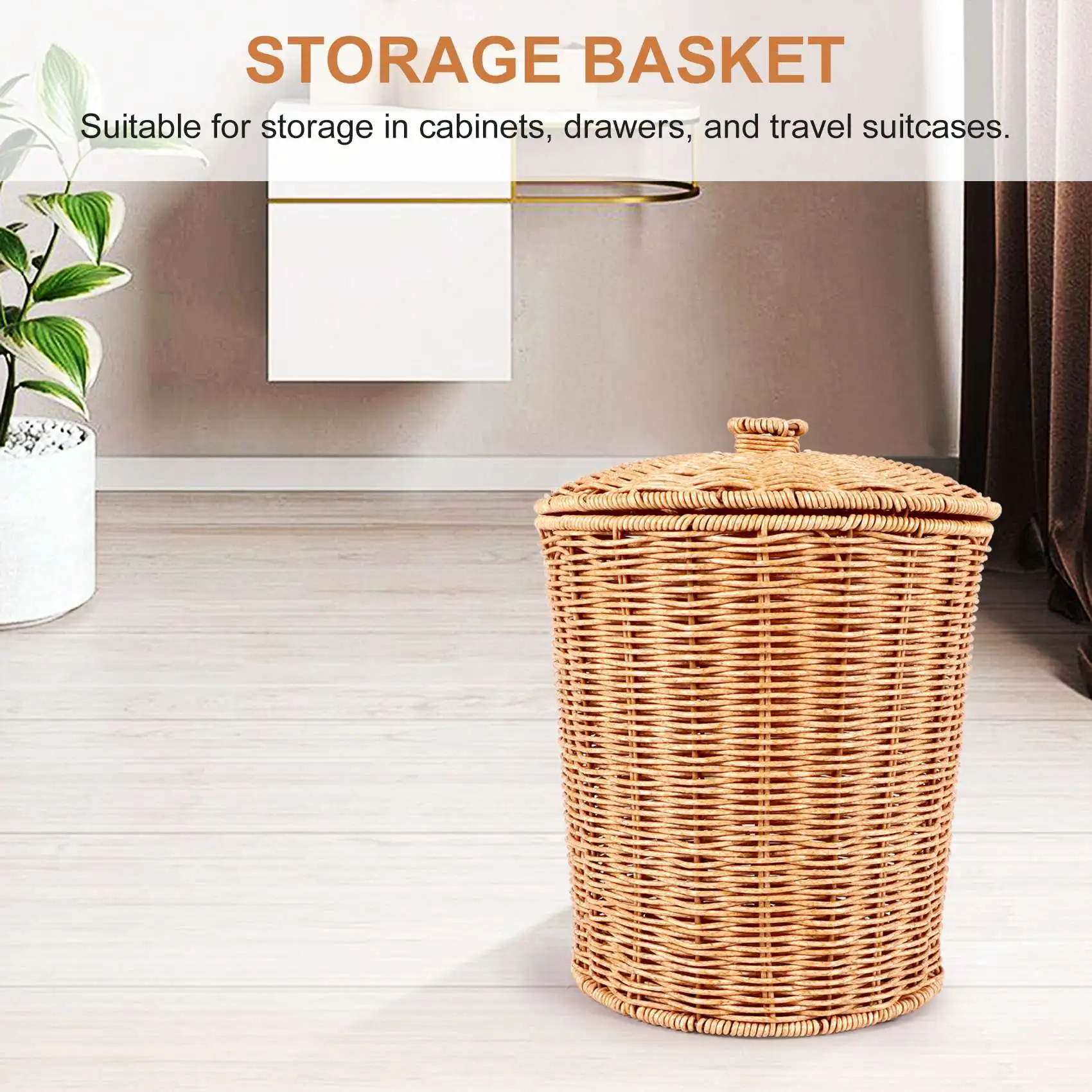 X11AA Woven Basket Trash Can Round Rattan Waste Basket with Lid Planter Woven Storage Baskets Wicker Wastebasket Garbage Bin