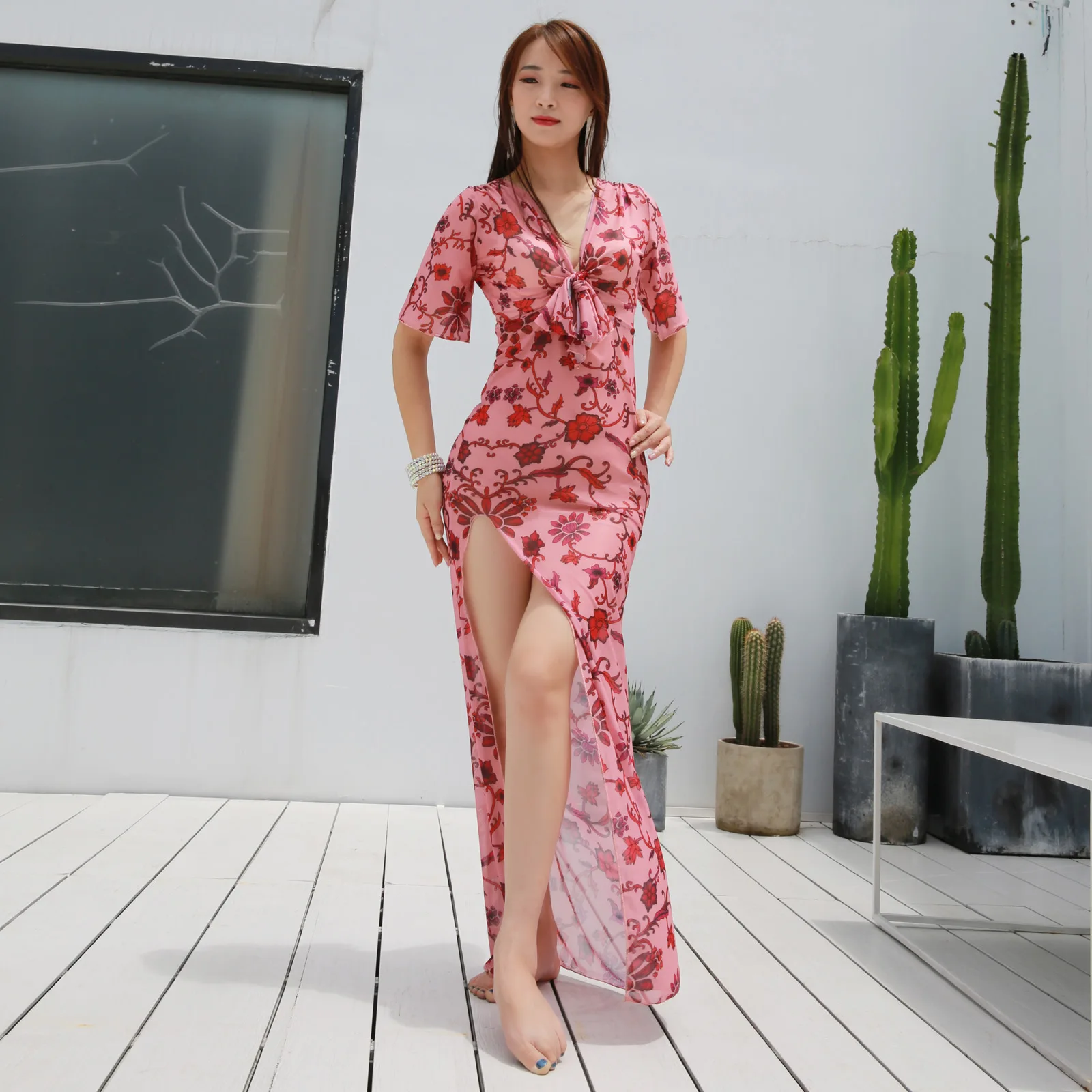 

Oriental Belly Dance Practice Dancewear Costume Bellydance Professional Floral Flower Split Long Dress Woman Performance Clothes