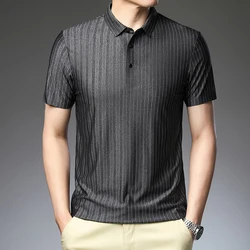 2024 Spring Loose Youth Business Gentleman Shirt Collar Men's T-shirt Short Sleeve Casual Polo Shirt, Striped T-shirt