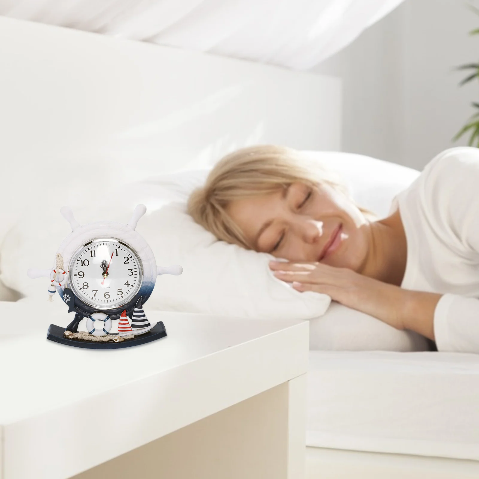 

1Pcs Wooden Desktop Clock Mediterranean Style Swim Ring Design Silent Clock for Home Decor Room Living Room Office Decoration