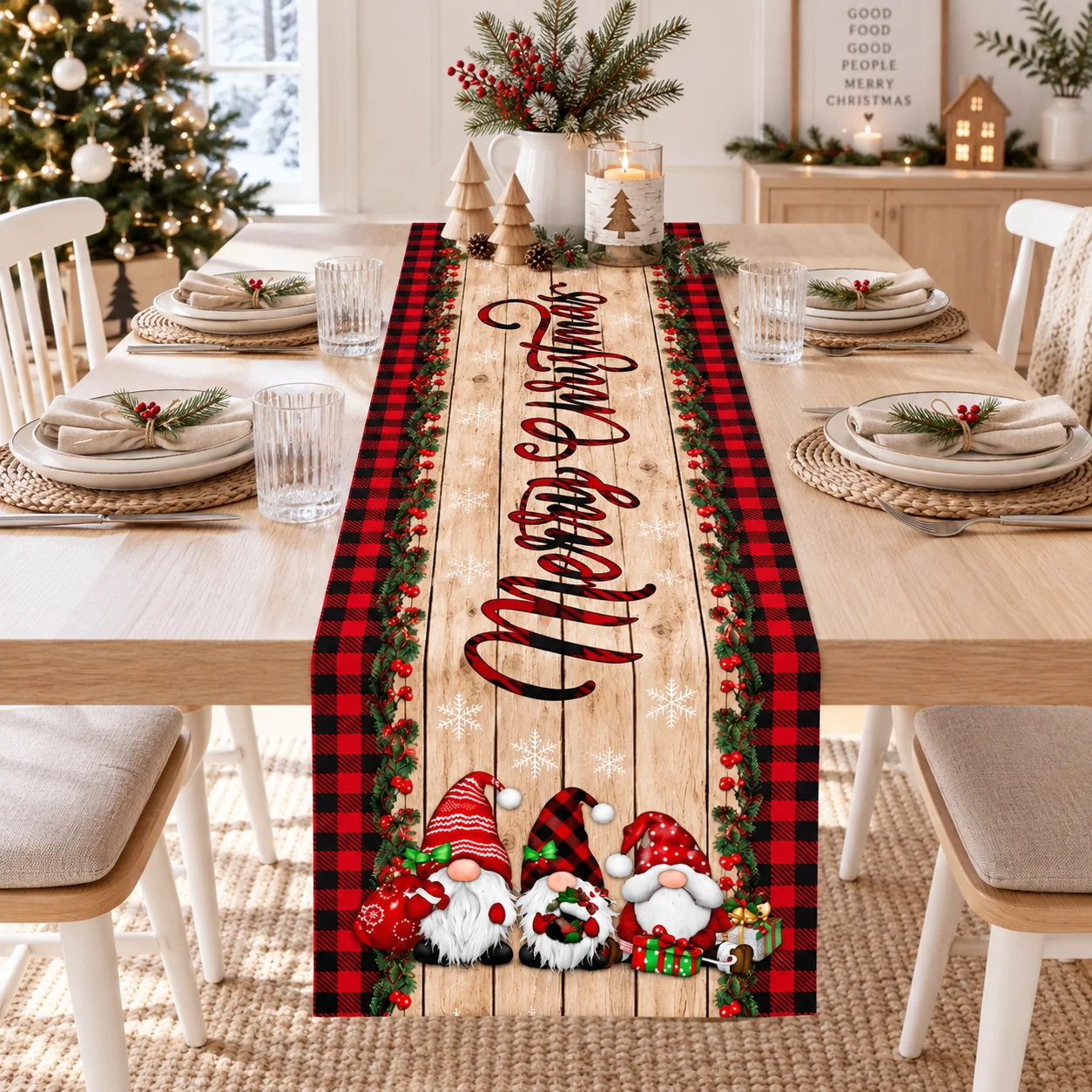 Rustic Christmas Table Runner, Gnome Snowflake Table Cover, Vintage Country Style, Winter Holiday Home Decor & New Year Gift