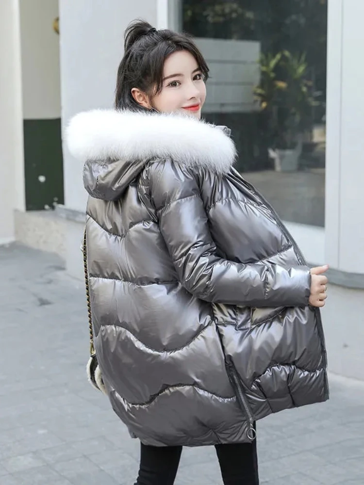 2024 New Women Jacket Winter Parkas Long Coat Fur Collar Hooded Glossy Overcoat Female Cotton Padded Parka Waterproof Outwear