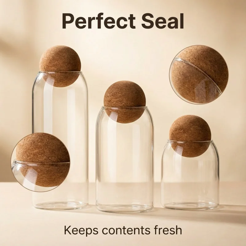 3-teiliges Set Kork-Borosilikatglasbehälter, geeignet für Gewürze/Kaffeebohnen und Küchenaufbewahrung - lebensmittelechtes, luftdichtes Design