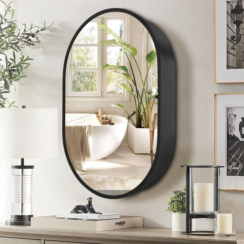 24 Inch x 36Inch Black Oval Mirror Cabinet Bathroom Wall Storage Cabinet Mirror Surface Mount Installation