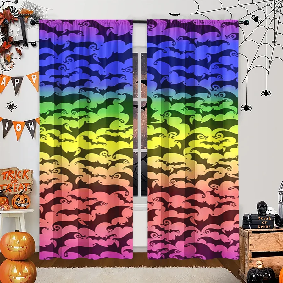 2PCS Digital Print Curtain, Rainbow Ghosts Pattern on Black, Colorful Halloween Fun Spooky Style for Living Room Bedroom Decor