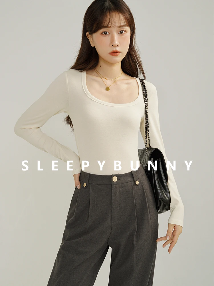 Elegant Slim Square Neck Long Sleeve T-Shirt Casual Autumn Spring Undershirt with Fitted Design Clavicle Revealing Style Women