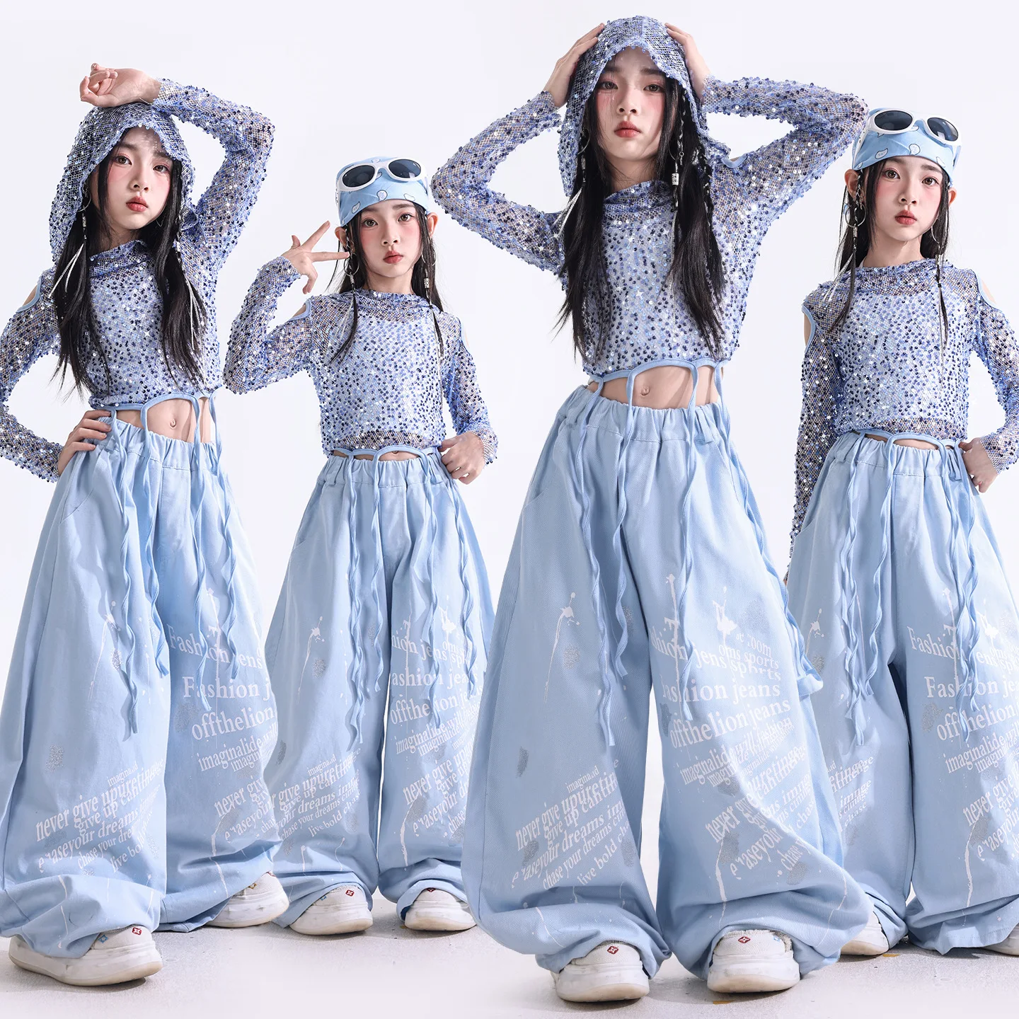 Girls Hip Hop Blue Glitter hoodie Top Letter Pants Children Streetwear Girl Group Costume Kids K-pop Street Dance Clothes Set