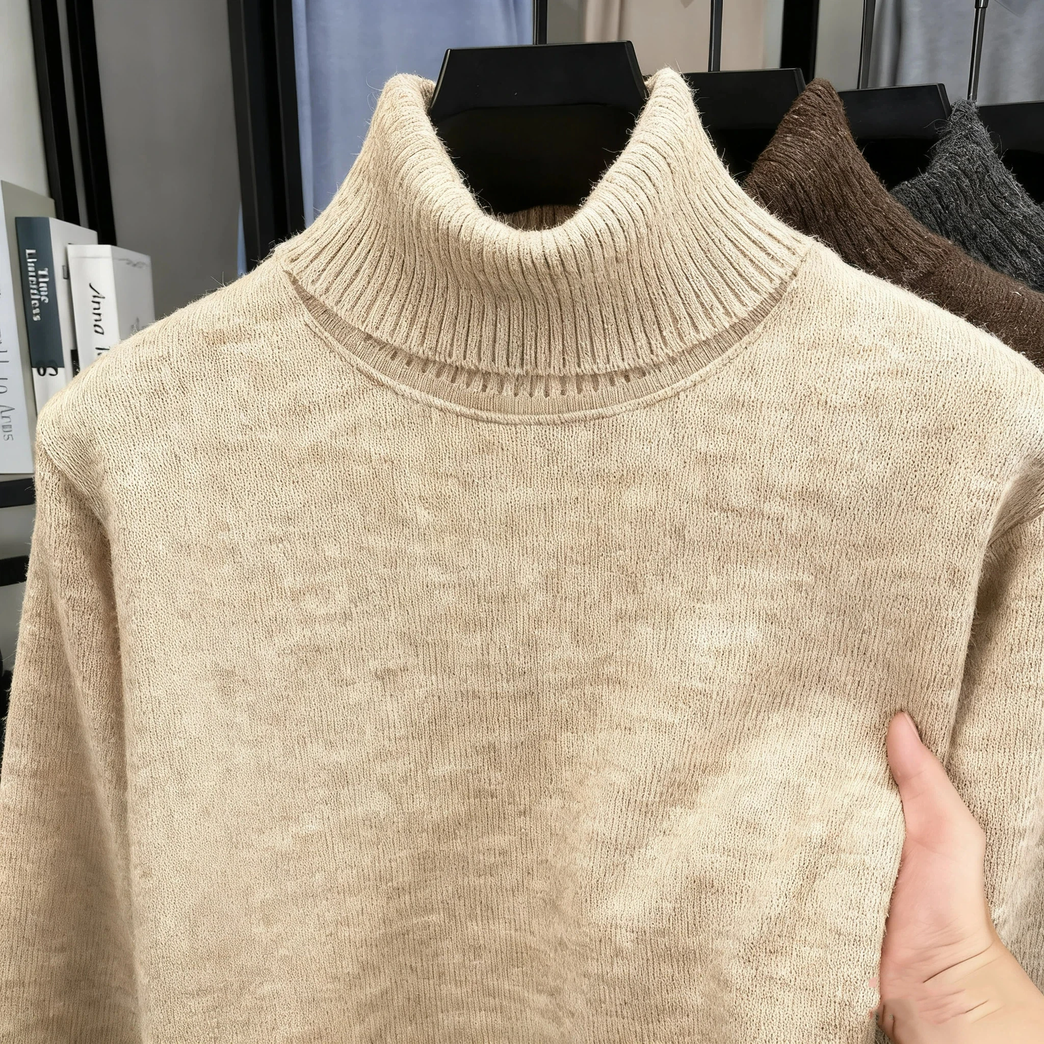 

Мужской свитер с высоким воротом, мягкий трикотаж, осень-зима, повседневный свободный однотонный теплый пуловер, удобный мужской вязаный свитер