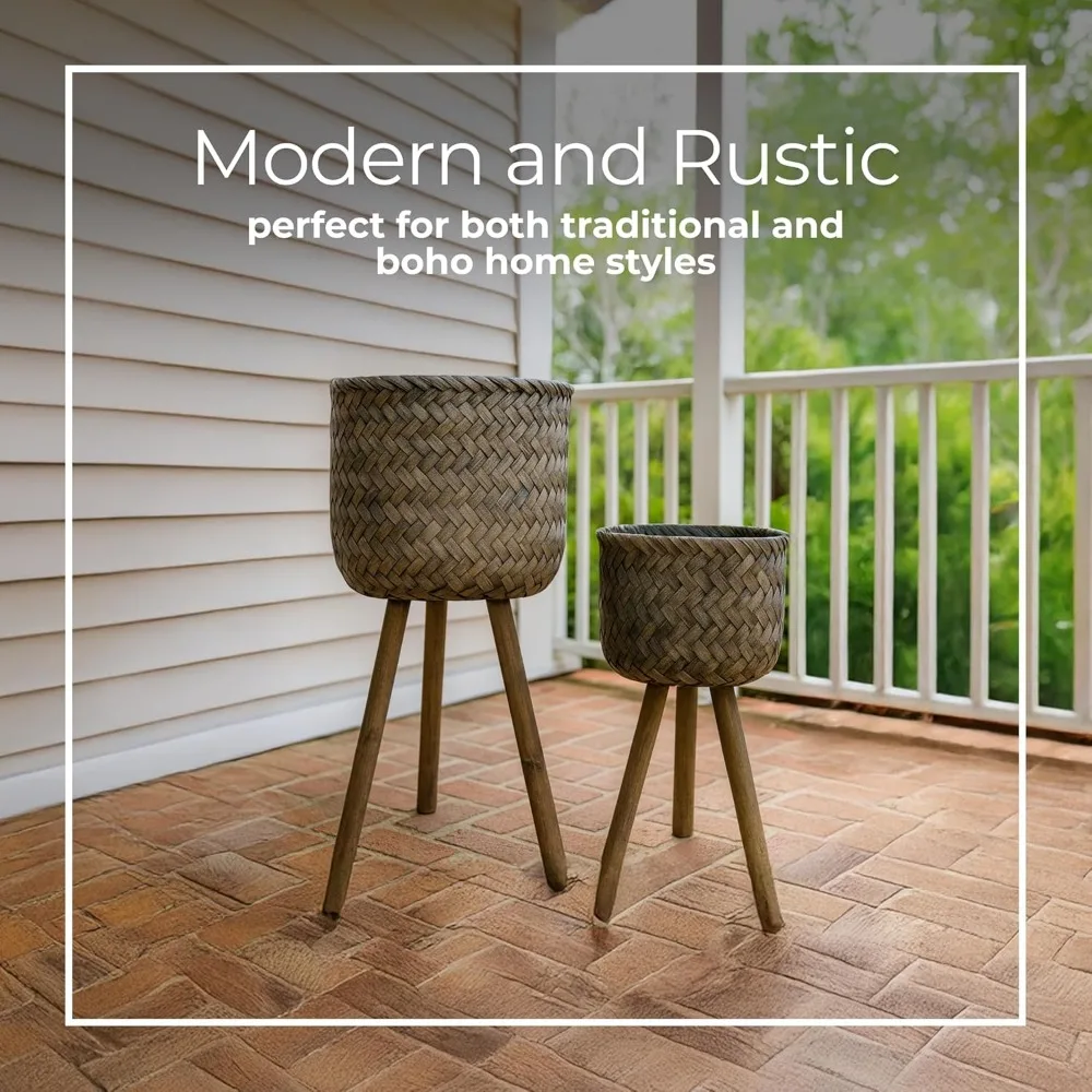 Набор из 2 плетеных горшков ручной работы с подставками — коричневый декор для дома и улицы в деревенском стиле, 19 дюймов и 23 дюйма.