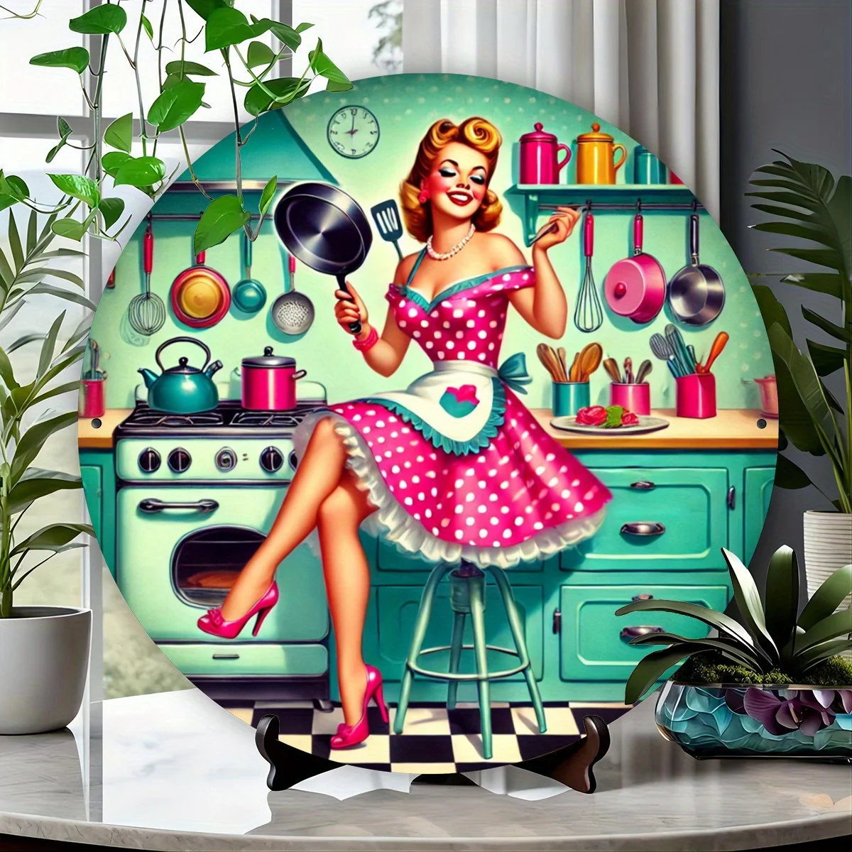 2D flach, 1 Stück Vintage Küchenszene Metallschild, 7,8 Zoll rund HD 2D-Druck, Wandkunstkollektion im Retro-Stil, langlebig, wasserdicht I