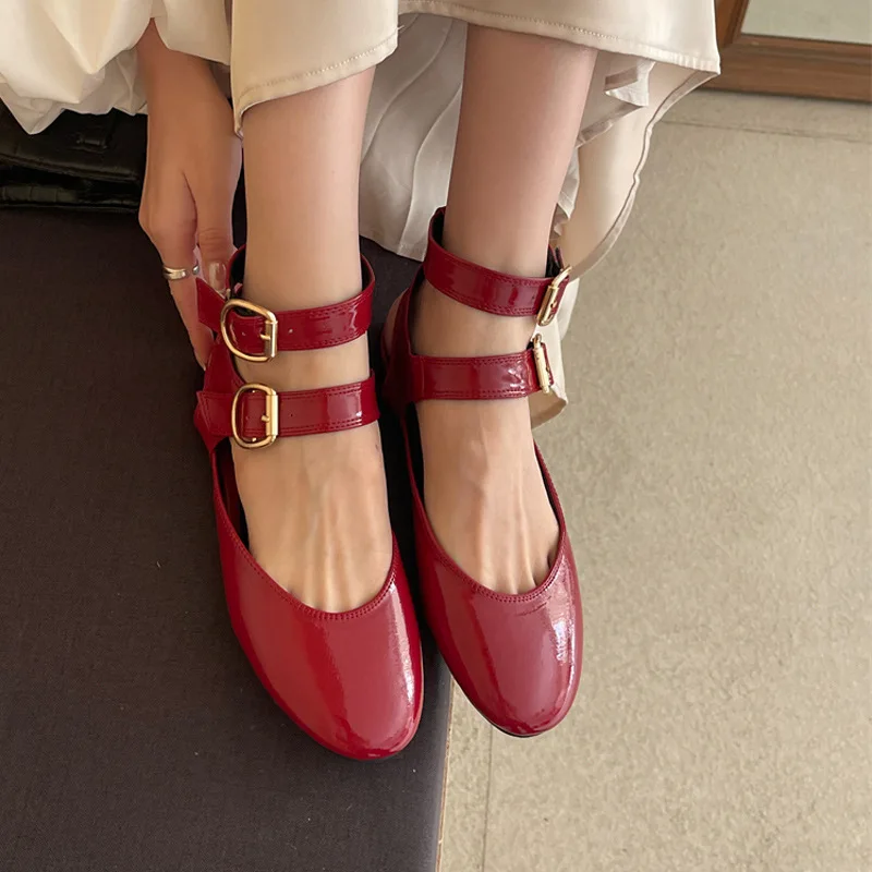 

2025 Double Buckle Mary Janes Shoes Women Slingback Flat Ballet Shoes Elegant Casual Plus Shoes Female 34-43