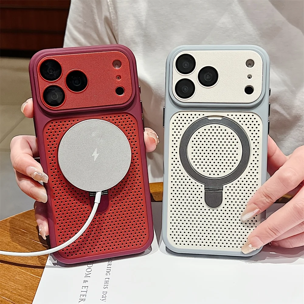 Fashion Heat Dissipation Cooling Mesh Hole Case for IPhone 17 16 15 14 13 12 Pro Max Plus for Magsafe Stand Holder Armor Cover view 4