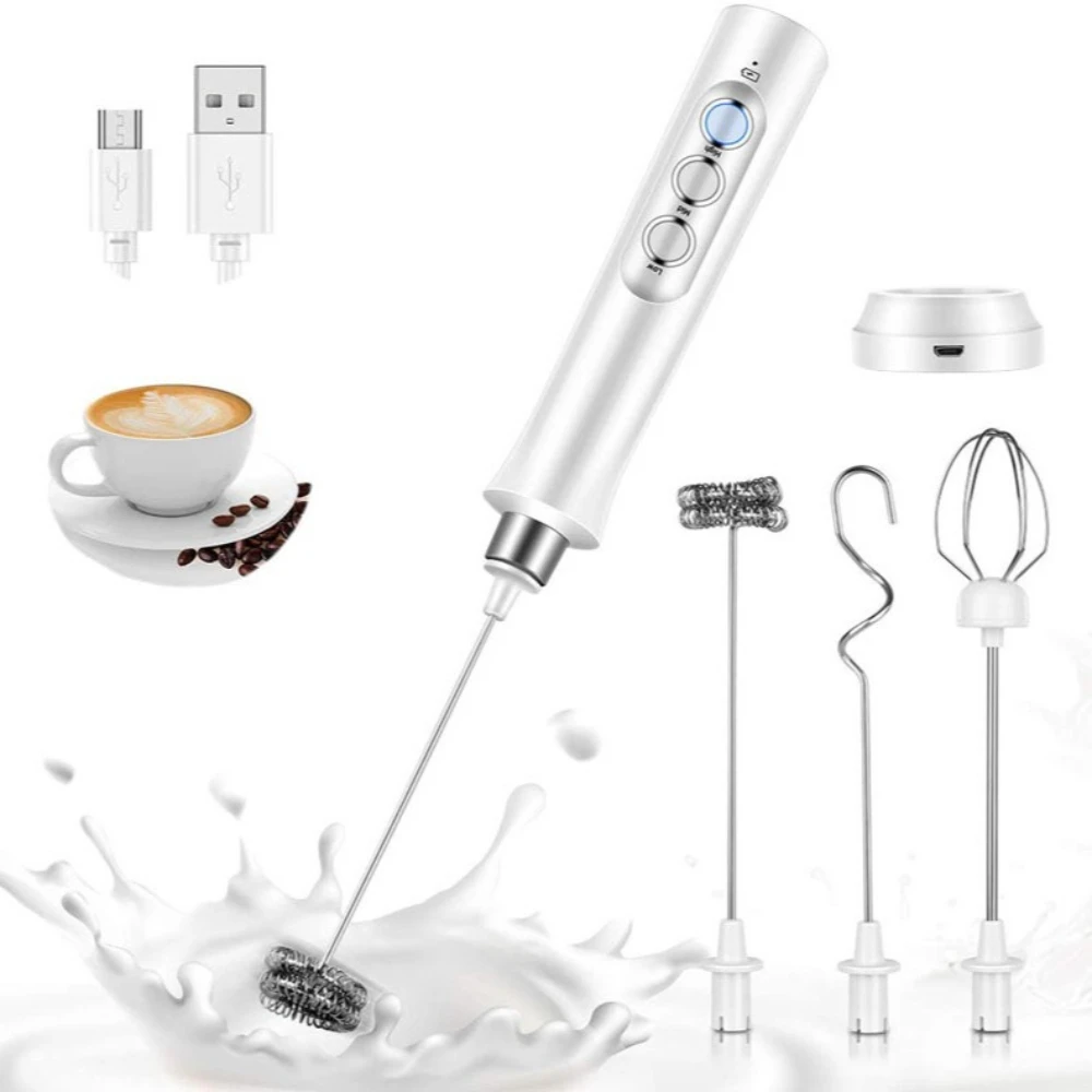 USB Rechargeable Electric Milk Frother Mini Handheld Foam Maker 3 Speed Whisks for Latte Coffee Cappuccino Stainless Steel Egg Beater Drink Mixer Hot Chocolate Blender Portable Cordless Kitchen Gadgets Tools