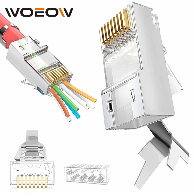 WoeoW Shielded RJ45 Cat6A Cat7 Pass Through connectors - 3 Prong 8P8C 50U Gold Plated 2-Piece Pass Through Modular Data Plug