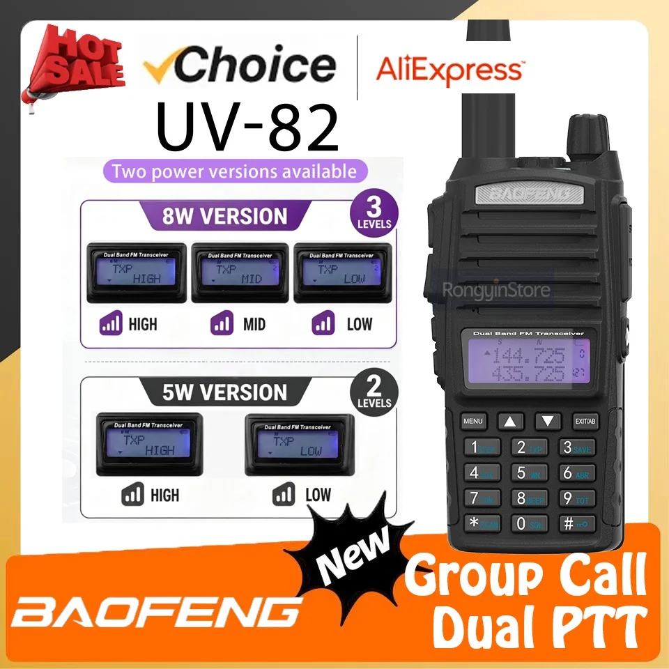 Baofeng UV‑82 Walkie‑Talkie Dual‑Band UHF VHF 5/W Long Range Portable Two‑Way HamRadio Dual PTT Transceiver For Outdoor Hunting