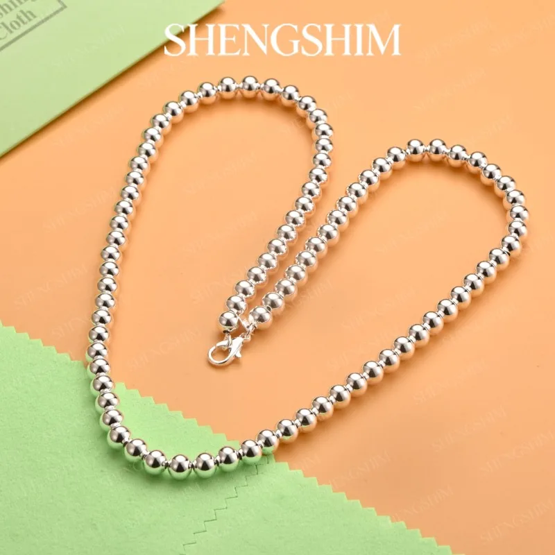 SHENGSHIM 925 Sterling Silver 8mm Round Bead Chain Necklace For Men Women Fashion Jewelry Engagements Party Birthdays Gift