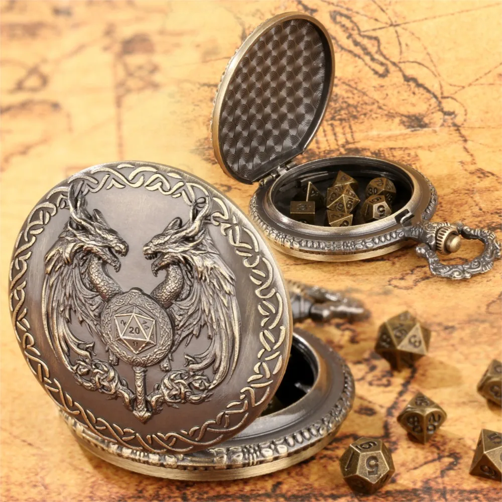 7 Mini Metal DND Dice, Double Headed Dragon Pocket Watch Dice, Suitable for DND Dice Players Dragon Pocket Watch Box