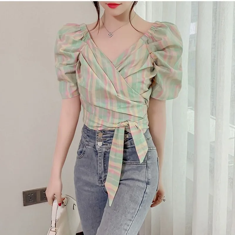 Lolita Style Sweet Plaid Blouses 2024 Summer New Women\'s Slash Neck Patchwork Folds Drawstring Bowtie Bubble Sleeve Short Shirts