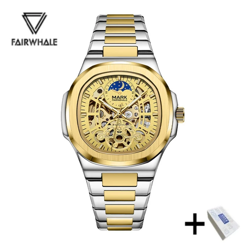 ساعة Ark Fairwhale للرجال أوتوماتيكية ميكانيكية من الفولاذ المقاوم للصدأ مقاومة للماء 6012 عرض توربيون لمرحلة القمر المجوف