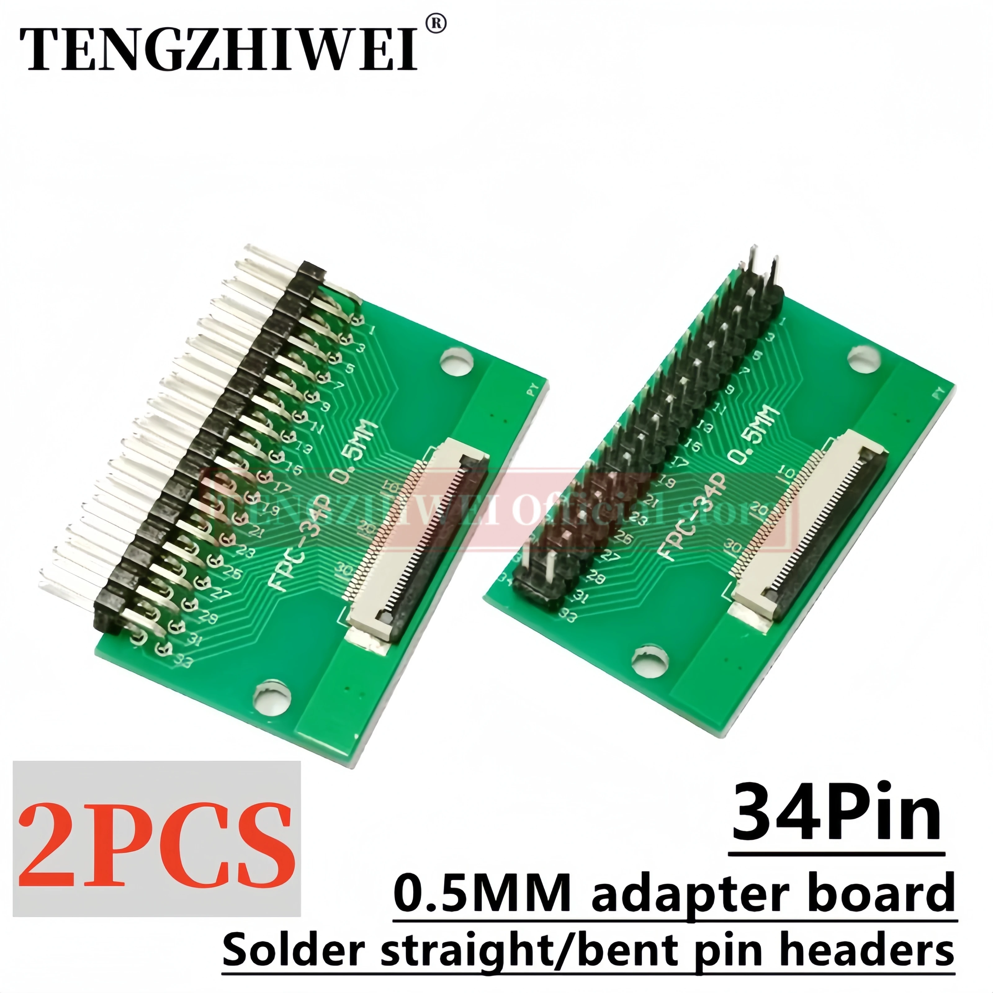 2PCS FFC/FPC adapter board 0.5MM-34P to 2.54MM welded 0.5MM-34P flip-top connector Welded straight and bent pin headers