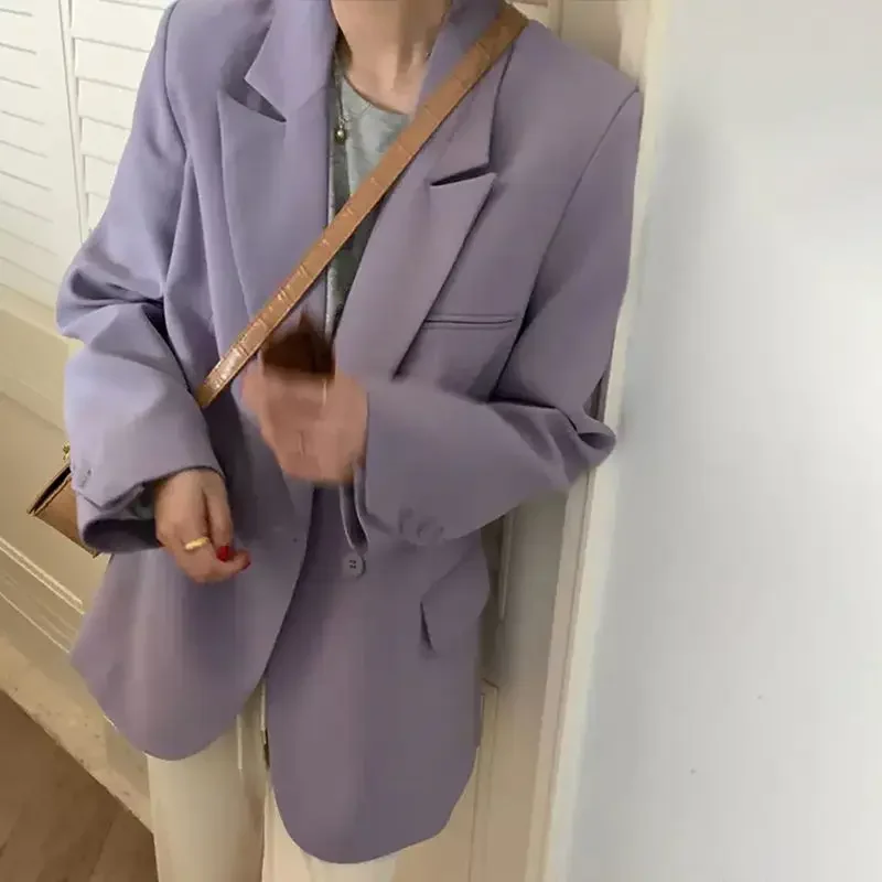 Blazers morados para mujer, doble botonadura, informal, liso, combina con todo, estilo Preppy, holgado, moda coreana, temperamento elegante, para oficina, Ins