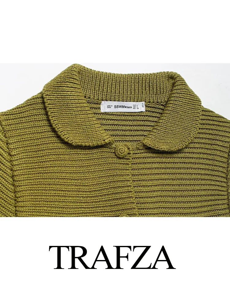 TRAFZA 2024 Female Solid Cardigan Knitted Turn-Down Collar Short Sleeves Slim Single Breasted Short Sweater Tops Wild Woman Top