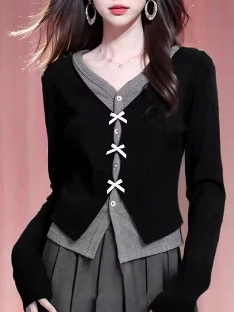 

New Fashion Long Sleeve Fake Two Pieces Women T-shirts Casual Slim Autumn Women Tops Office Lady Bottoming Shirts