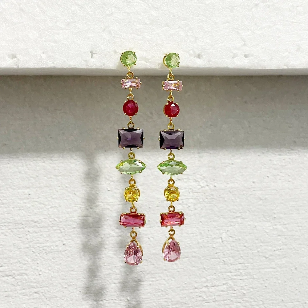 Luxury Rainbow Crystal Dangle Drop Earrings for Women Wedding Party Jewelry Accessories Gorgeous Cubic Zirconia Bridal Brincos