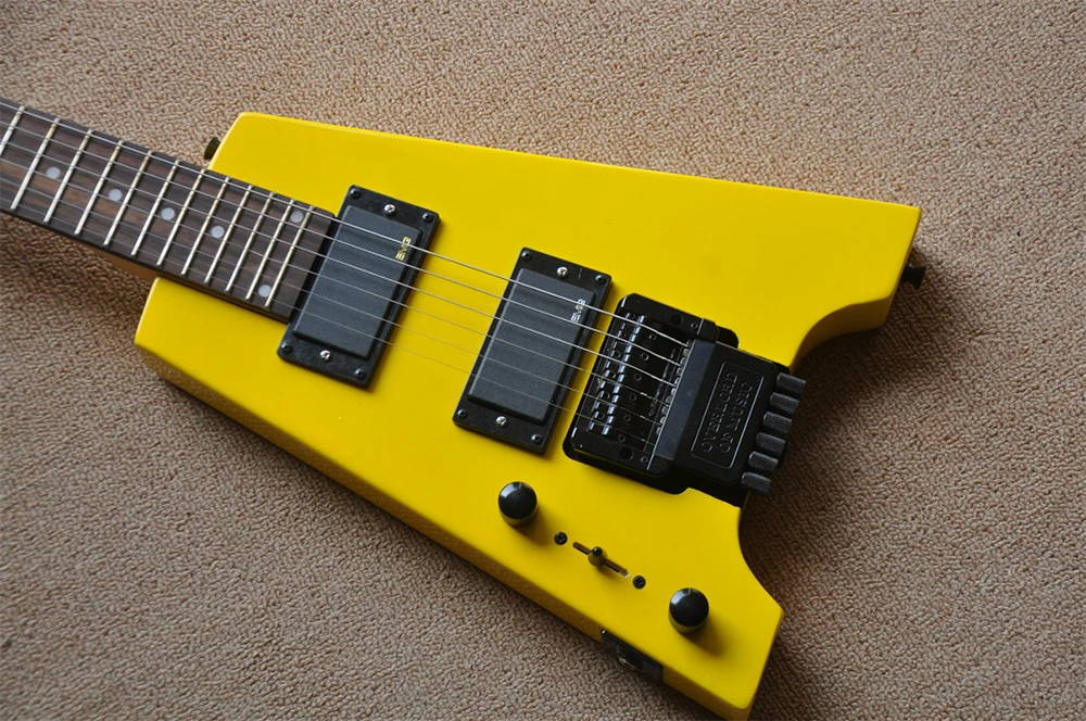 Left Handed Yellow Headless Electric Guitar with Rosewood Fretboard,24 Frets,Customizable